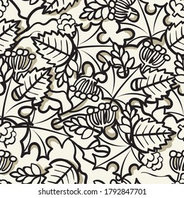 Vector seamless pattern with symbols of autumn, season. Background with hand drawn leaves and berries on beige color