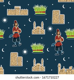 Vector seamless pattern of symbols of Baku and Novruz. illustrations of traditional character Kosa, semeni, crescent, eight point star, sun, Maiden tower, Teze pir mosque, palace of Shirvanshakhs