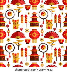 Vector seamless pattern with symbols of China. Bright traditional pattern.