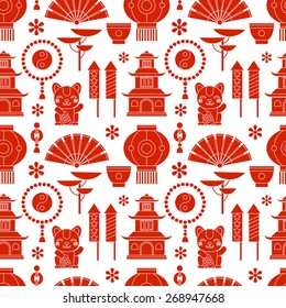 Vector seamless pattern with symbols of China. Pattern in red tones.