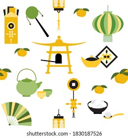 Vector seamless pattern Symbols of Chinese New Year 2021 Bell, chinese lantern, fan, teapot, cups, ingot, tangerines, rattle, food sweet rice balls tangyuam, envelope with money, coin. China Tradition