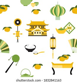Vector seamless pattern Symbols of Chinese New Year 2021 Castle, chinese lantern, fan, teapot, cups, table, ingot, tangerines, rattle, food sweet rice balls tangyuam, coin. Holiday Traditions in China