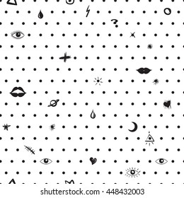 Vector seamless pattern with symbols. Pattern with eyes and lips. Black and white minimalism.