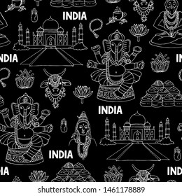 Vector seamless pattern with symbols of India on black background. Pattern for use in design