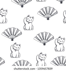Vector seamless pattern with symbols of Japan. Sketch of classic Japanese accessories.
