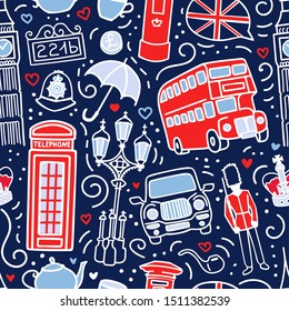 Vector seamless pattern with symbols of London, Great Britain. Hand drawn doodle elements in blue, white and red colors. Endless background for print, wallpaper, textile design on the UK theme. 