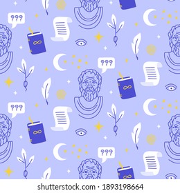 Vector seamless pattern with symbols of philosophy. Hand-drawn elements, book, feather, parchment scroll. An image of an ancient Greek philosopher. Suitable for notebook cover, wrapping paper.