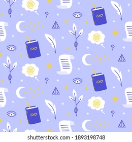 Vector seamless pattern with symbols of philosophy. Hand-drawn elements, pen, book and parchment scroll. Suitable for notebook cover, wrapping paper, study supplies.