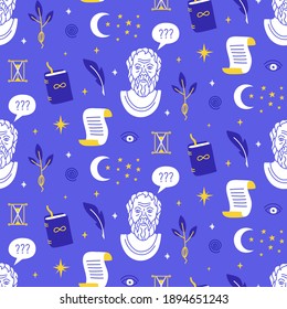 Vector seamless pattern with symbols of philosophy. Hand-drawn elements, book, hourglass, parchment scroll. An image of an ancient Greek philosopher. Suitable for notebook cover, wrapping paper.