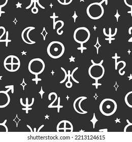 Vector seamless pattern with symbols of Solar System planets. Hand drawn design for wrappings, textile, wallpaper and backgrounds.