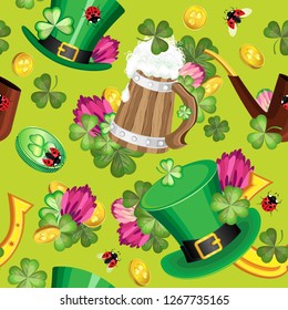 Vector seamless pattern the symbols of St. Patrick's Day. On a light green background