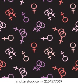 Vector seamless pattern of symbols of venus, female gender icons in doodle style. Woman love combinations. Texture of theme of girl power, LGBTQ, lesbian love, gay, pride, homosexual