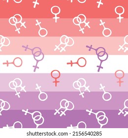 Vector Seamless Pattern Of Symbols Of Venus, Female Gender Icons On Lesbian Pride Flag Background. Woman Love Combinations. Texture Of Theme Of Girl Power, LGBTQ, Gay Love, Homosexual