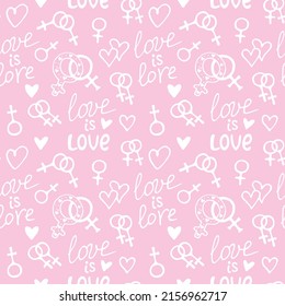 Vektornahtloses Muster von Symbolen für Venus, weibliche Geschlechtersymbole, Herzen und Schriften - Liebe ist Liebe. Frauen Liebeskombinationen. Textur des Themas LGBT, lesbische Liebe, Homosexuelle, Stolz, Homosexuelle