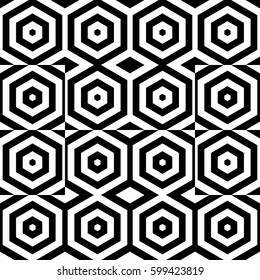 Vector seamless pattern. Symmetric background, figurative design template with striped black white hexagons. Backdrop, texture with balanced symmetry. Reflected tile card web cover fabric print badge