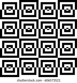 Vector seamless pattern. Symmetric background, figurative design with striped black white lines and checked square. Backdrop, texture with balanced symmetry. Reflected tile in op art style.