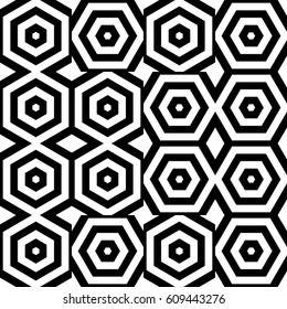 Vector seamless pattern. Symmetric background, figurative design template with striped black white hexagons. Backdrop, texture with balanced symmetry. Reflected tile card web cover fabric print badge