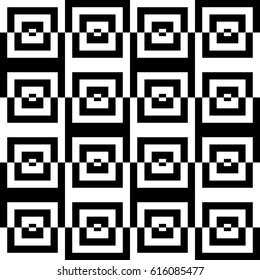Vector seamless pattern. Symmetric background, figurative design with striped black white lines and checked square. Backdrop, texture with balanced symmetry. Reflected tile in op art style.