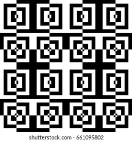 Vector seamless pattern. Symmetric background, figurative design with striped black white lines and checked square. Backdrop, texture with balanced symmetry. Reflected tile in op art style.