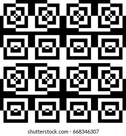 Vector seamless pattern. Symmetric background, figurative design with striped black white lines and checked square. Backdrop, texture with balanced symmetry. Reflected tile in op art style.