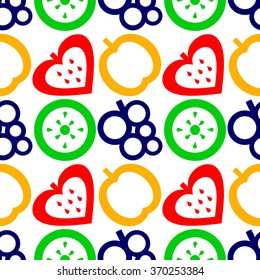 Vector seamless pattern. Symmetrical background with colorful closeup fruits, berries, strawberries,  citrus, kiwi and grape on the white backdrop. Series of Fruits and Vegetables Seamless Patterns.