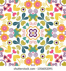 Vector seamless pattern with symmetrical floral motifs. Folk art style. Great for fabrics, wrapping paper, wallpaper, cards and invitations.