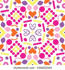 Vector seamless pattern with symmetrical, geometrical, abstract shapes. Vivid ornamental background. Great for fabrics, wrapping paper, cards, invitations, packaging.