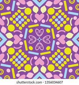 Vector seamless pattern with symmetrical, geometrical, abstract shapes. Vivid ornamental background. Great for fabric, wrapping paper, packaging, cards, invitations.