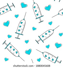 Vector seamless pattern. Syringe and heart icons. Health care or drug store concept, isolated on white background
