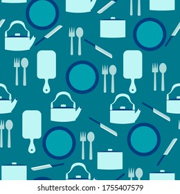 Vector seamless pattern with tableware on blue background. Repeat backdrop with kitchen items. Stylish wallpaper, wrapping paper, fabric design
