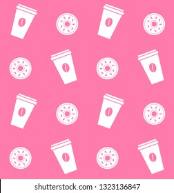 Vector seamless pattern of take away coffee mug and donuts isolated on pink background 