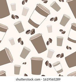 Vector seamless pattern of take away coffee and coffee beans for print, banner, poster and fabric