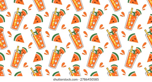 Vector seamless pattern with tall watermelon cocktail in glass, ice cube and striped straw with watermelon slice and juice splash on white background. Bright tropical summer drink print.
