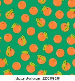 Vector seamless pattern with tangerines. Exotic citrus fruits. Abstract background with New Year symbols. Digital paper. Orange-green palette.