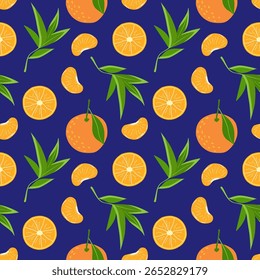 Vetor padrão sem emenda com tangerinas, folhas, fatias de tangerina. Padrão tropical de citrinos em um fundo azul escuro.