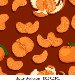 Vector Seamless Pattern of Tangerines on Red Background