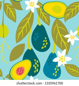 Vector seamless pattern with tasty avocado in funny memphis style in trendy colors. Vector modern illustration.
