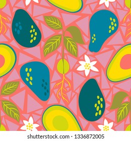Vector seamless pattern with tasty avocado in funny memphis style in trendy colors. Vector modern illustration.