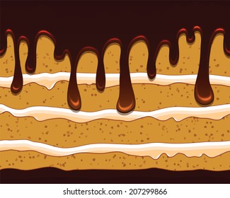 Vector seamless pattern with tasty cake in mouthwatering chocolate glaze. Cartoon stylized cute cake