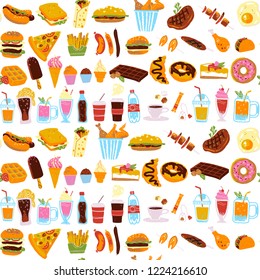 Vector seamless pattern with tasty fast food illustration - donut, pizza, burger, hot dog, coffee to go - isolated on white background. Hand drawn sketch style. Good for banners, menu cover, packaging