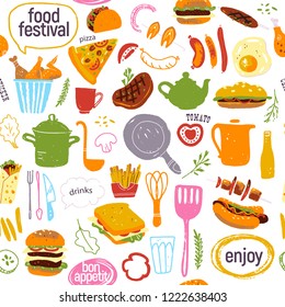 Vector seamless pattern with tasty street food festival illustration - burger, pizza, bbq, hot dog, chicken - isolated on white background. Hand drawn sketch style. Good for banner, menu cover package