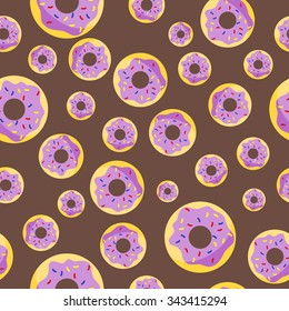 Vector seamless pattern with tasty sweet donuts covered with icing. Endless repeating texture with cartoon style illustration. Brown coffee and violet colors used in this background design