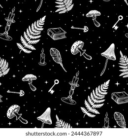 Vector seamless pattern in tattoo style, with mushrooms, feathers, keys, mushrooms, fly agarics, fern leaves. Mystical, magical aesthetics, wild nature, retro vintage engraving style