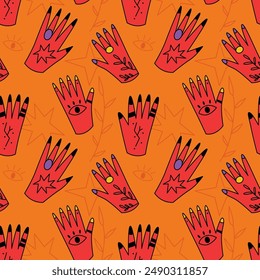 Vector seamless pattern with tattooed hands on orange background. Modern mystical design for fabric and paper, surface textures. 