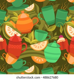 Vector seamless pattern of tea. Background with cups, teapot, sugar bowl, tea leaf, cakes, lemon. Template for design: packaging, printing, banner, labels, tag, card, packet, flyer, cover, textile.