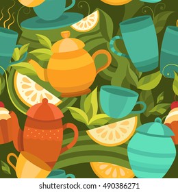 Vector seamless pattern of tea. Background with cups, teapot, sugar bowl, tea leaf, cakes, lemon. Template for design: packaging, printing, banner, labels, tag, card, packet, flyer, cover, textile.