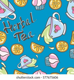 vector seamless pattern with tea, cakes and lemons on blue background
