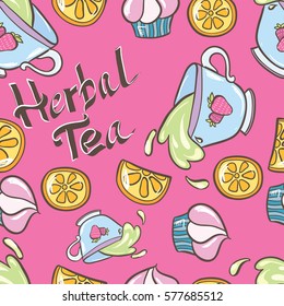 vector seamless pattern with tea, cakes and lemons on pink background