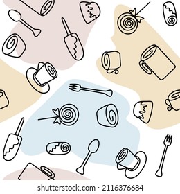 Vector seamless pattern of tea cup, coffee cup, cakes, ice cream, candy . The continuous line drawn elements for textile, wallpaper, wrapping, paper napkins. Vector illustration 
