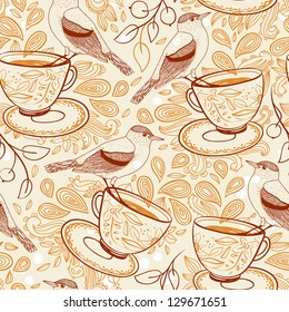 vector seamless pattern with tea cups, birds and berries in a vintage style